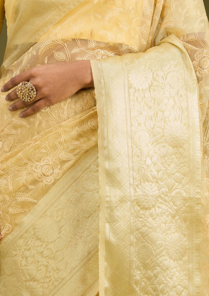 Beige Tissue Jaal Gold Zariwork Saree With Matching Blouse Piece
