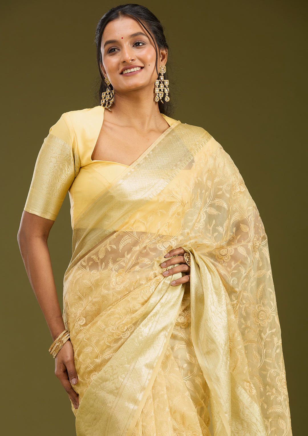 Beige Tissue Jaal Gold Zariwork Saree With Matching Blouse Piece