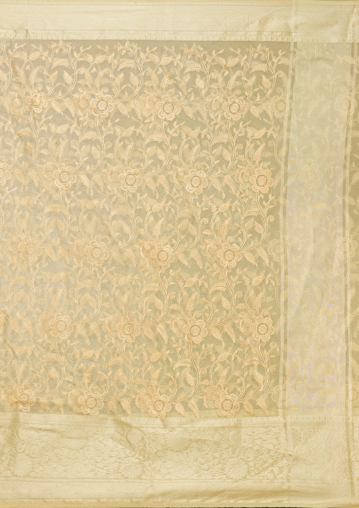 Beige Tissue Jaal Gold Zariwork Saree With Matching Blouse Piece
