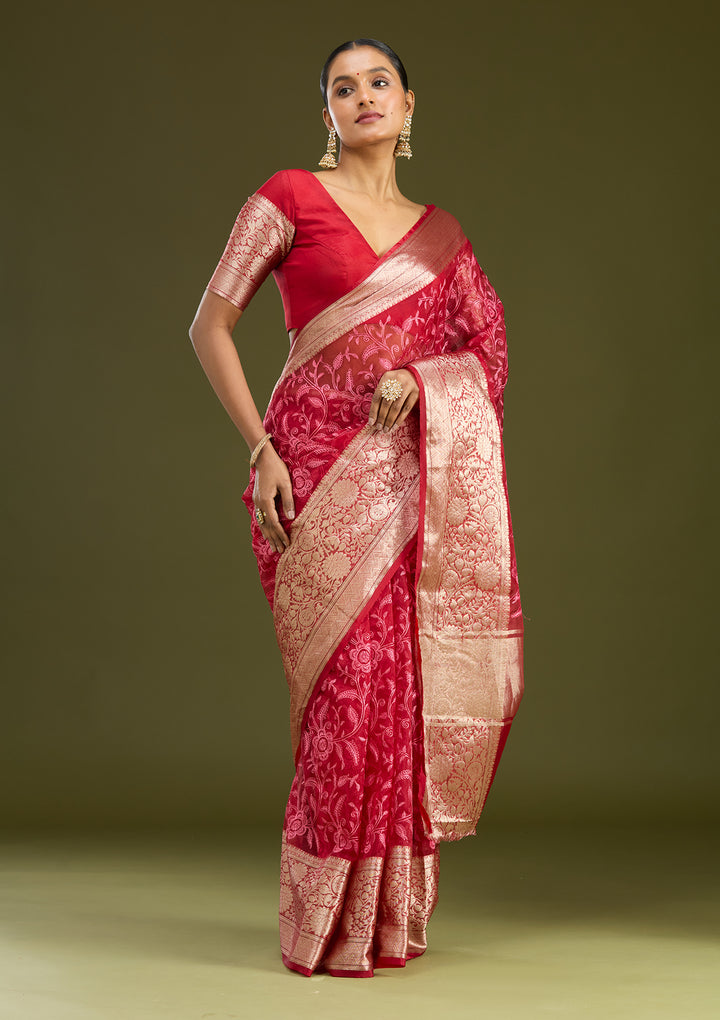 Maroon Tissue Jaal Gold Zariwork Saree With Matching Blouse Piece