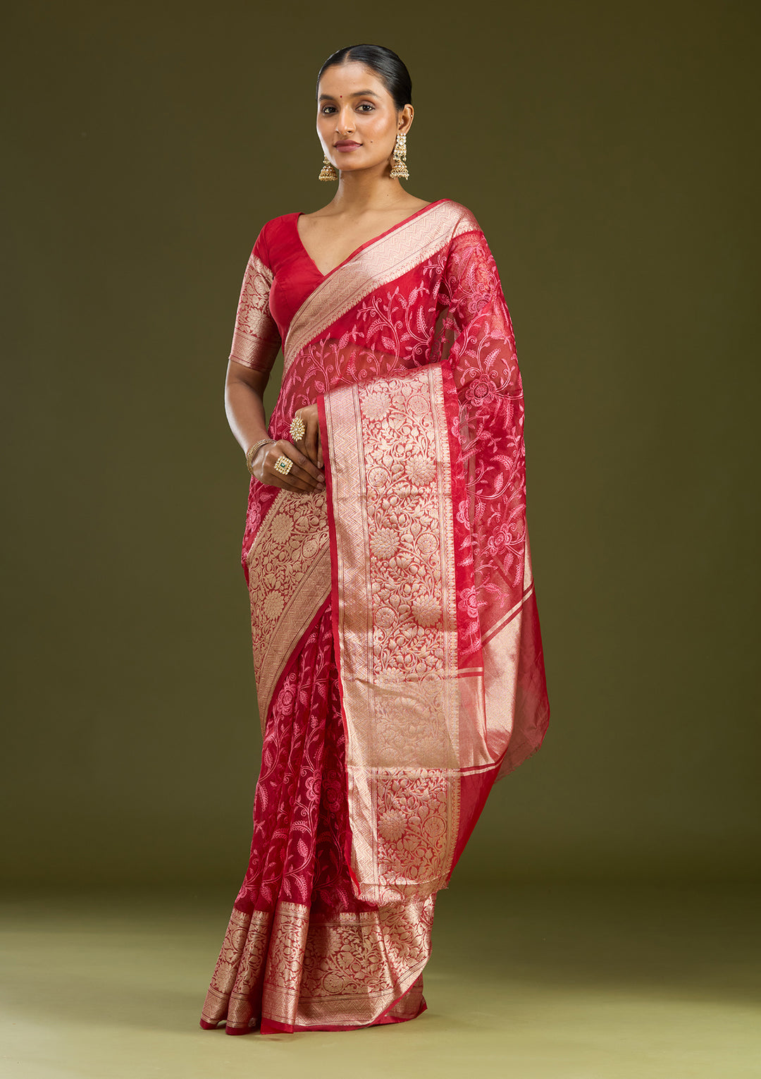 Maroon Tissue Jaal Gold Zariwork Saree With Matching Blouse Piece
