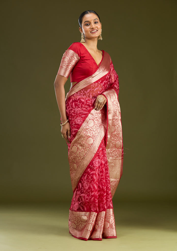 Maroon Tissue Jaal Gold Zariwork Saree With Matching Blouse Piece