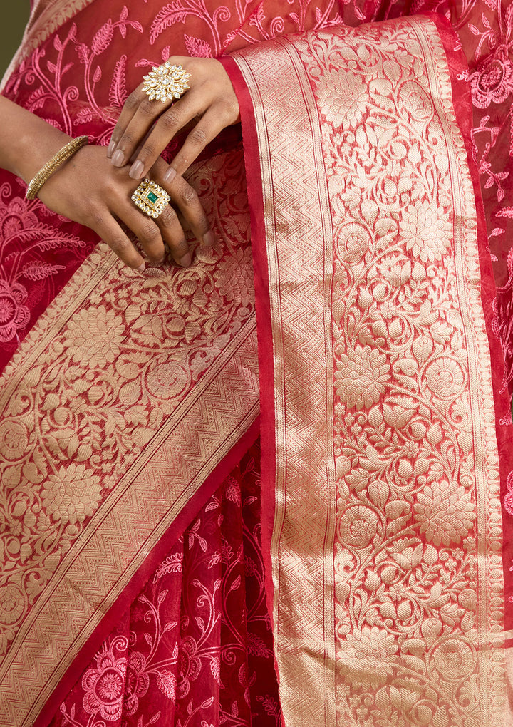 Maroon Tissue Jaal Gold Zariwork Saree With Matching Blouse Piece