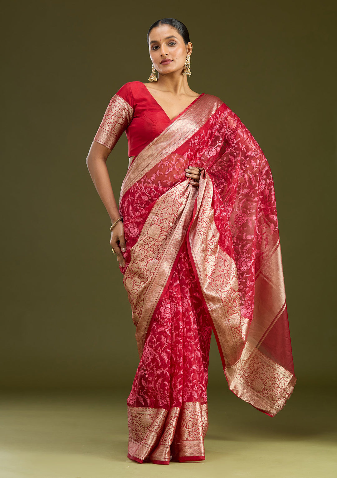 Maroon Tissue Jaal Gold Zariwork Saree With Matching Blouse Piece