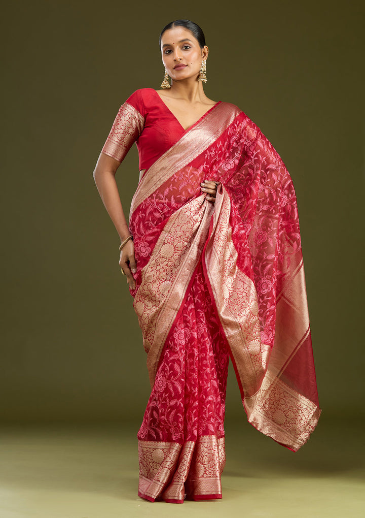 Maroon Tissue Jaal Gold Zariwork Saree With Matching Blouse Piece