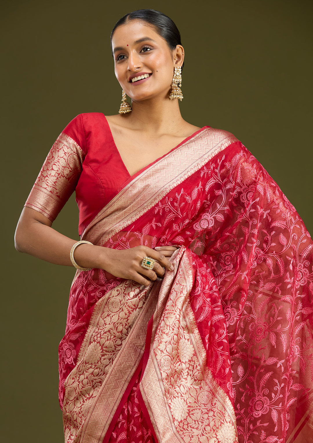 Maroon Tissue Jaal Gold Zariwork Saree With Matching Blouse Piece