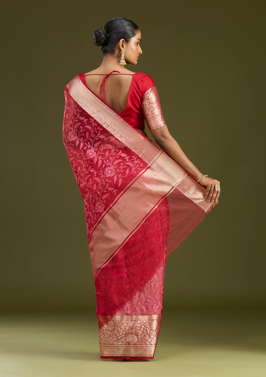 Maroon Tissue Jaal Gold Zariwork Saree With Matching Blouse Piece