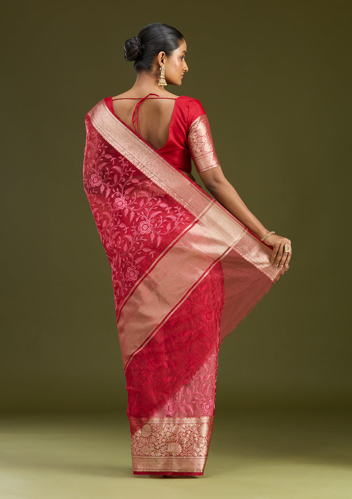 Maroon Tissue Jaal Gold Zariwork Saree With Matching Blouse Piece