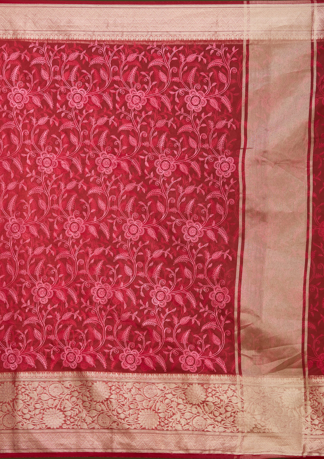 Maroon Tissue Jaal Gold Zariwork Saree With Matching Blouse Piece
