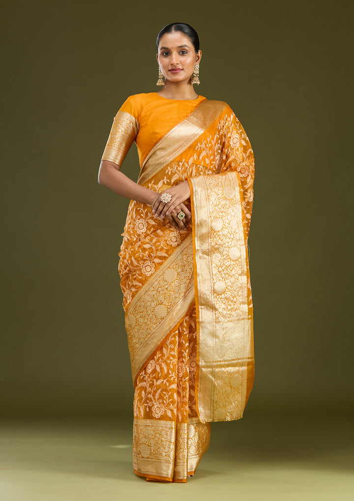 Mustard Tissue Jaal Gold Zariwork Saree With Matching Blouse Piece
