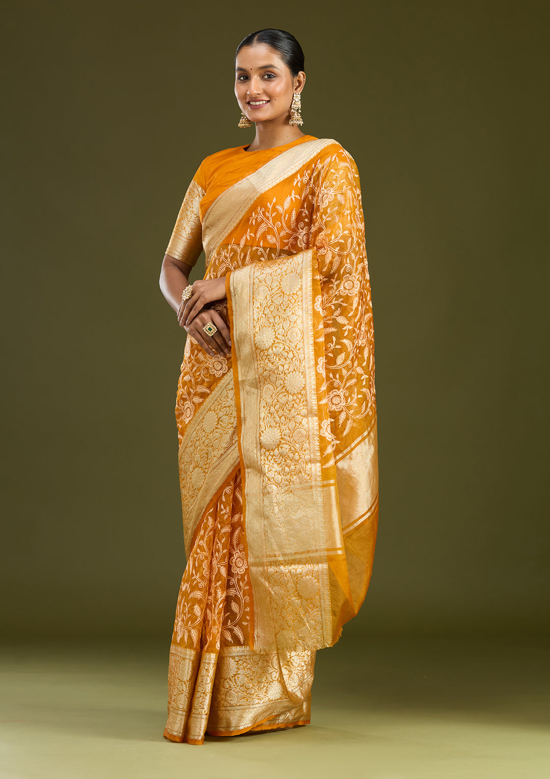 Mustard Tissue Jaal Gold Zariwork Saree With Matching Blouse Piece