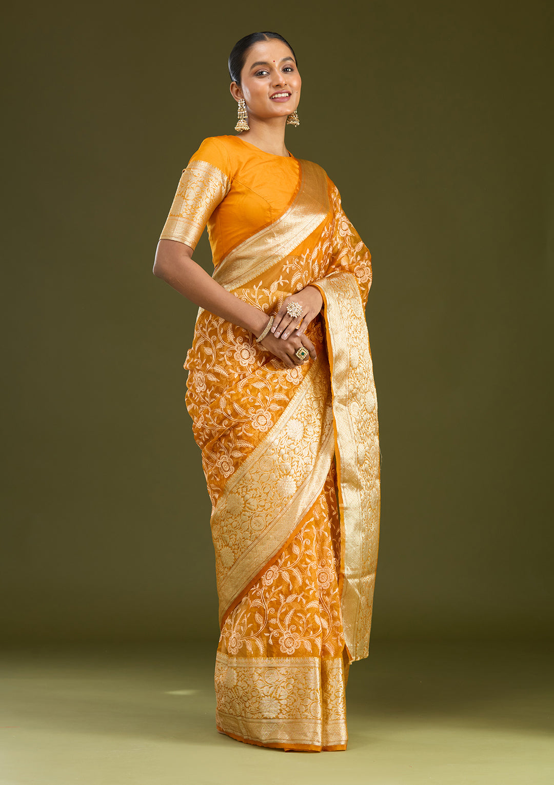 Mustard Tissue Jaal Gold Zariwork Saree With Matching Blouse Piece