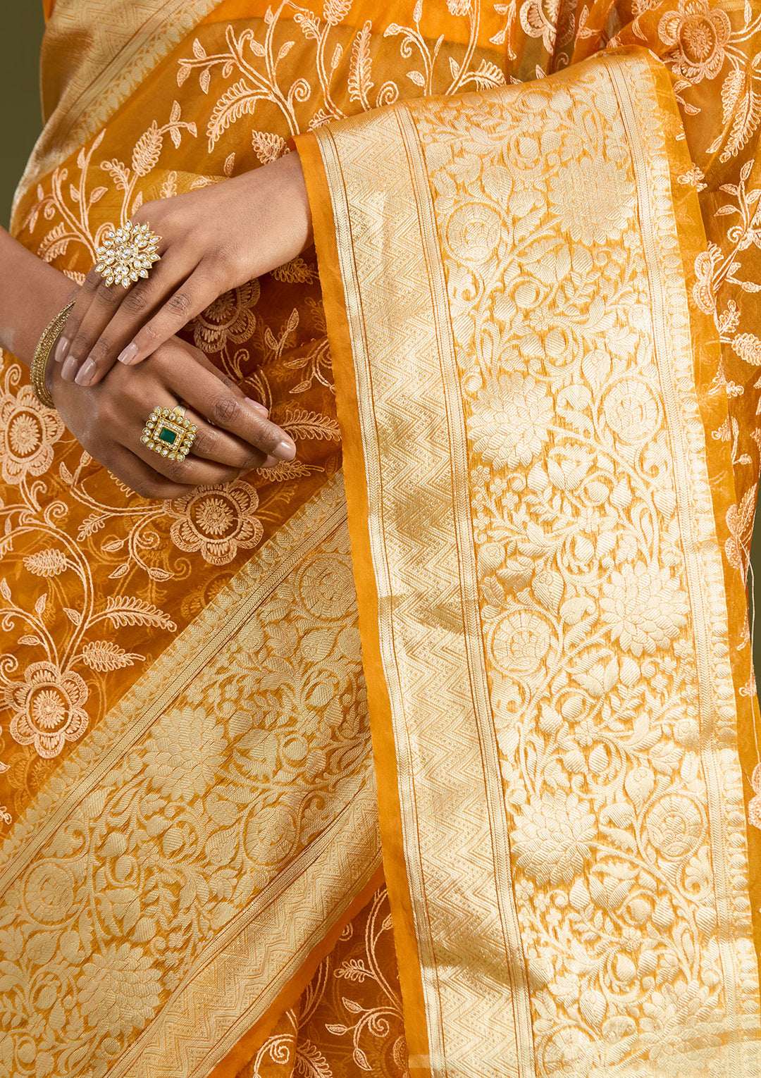 Mustard Tissue Jaal Gold Zariwork Saree With Matching Blouse Piece
