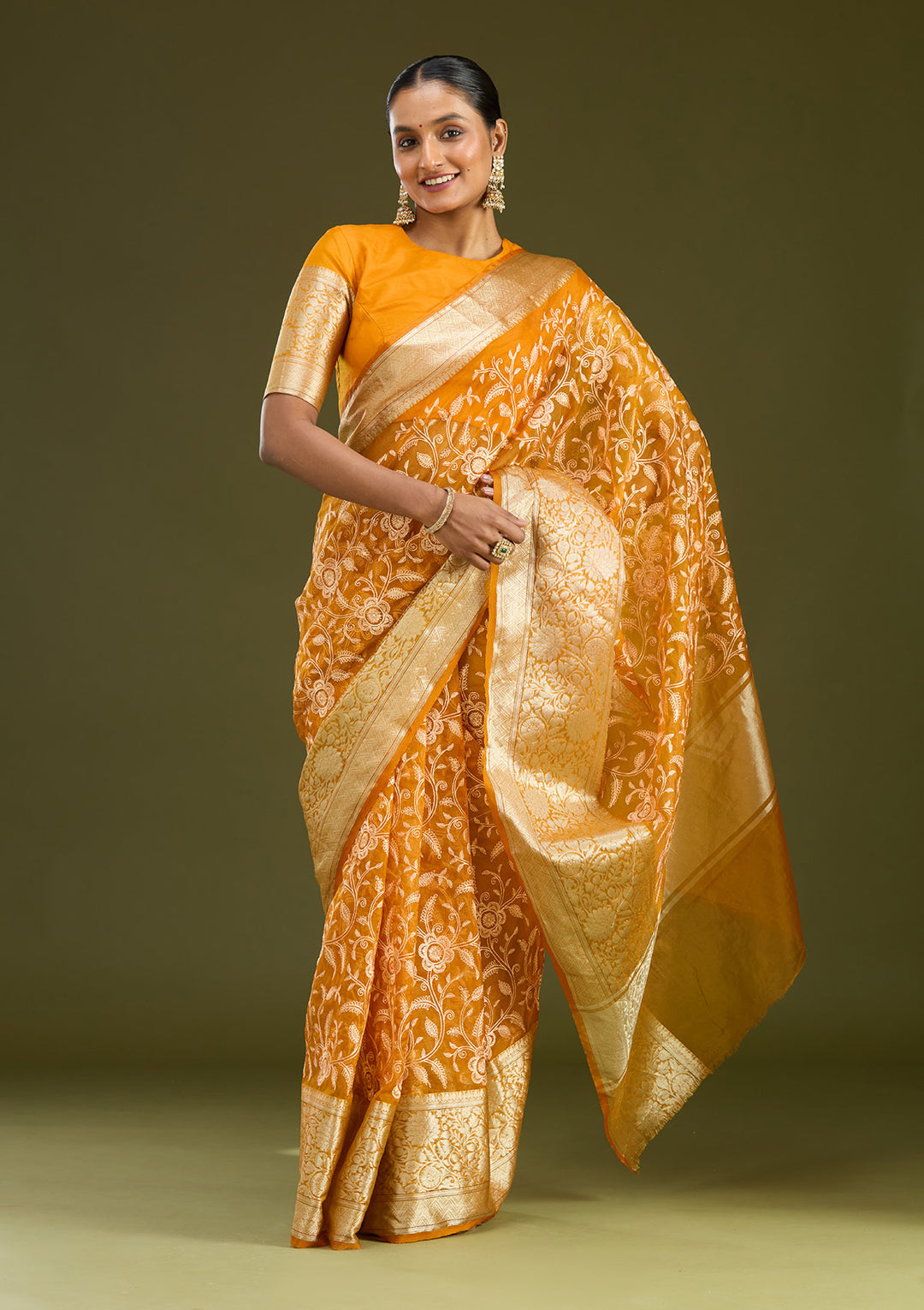 Mustard Tissue Jaal Gold Zariwork Saree With Matching Blouse Piece