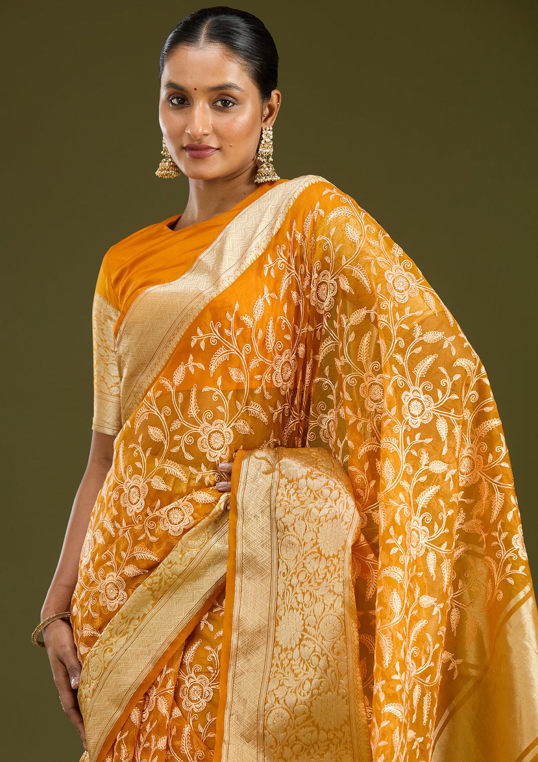 Mustard Tissue Jaal Gold Zariwork Saree With Matching Blouse Piece