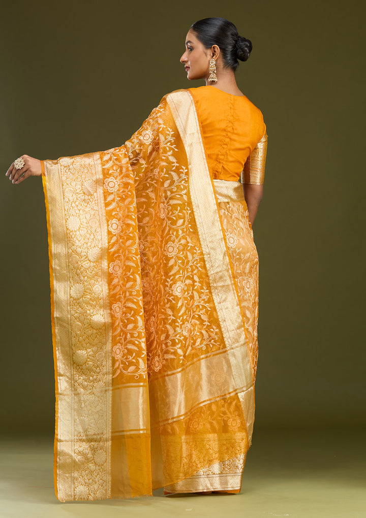 Mustard Tissue Jaal Gold Zariwork Saree With Matching Blouse Piece