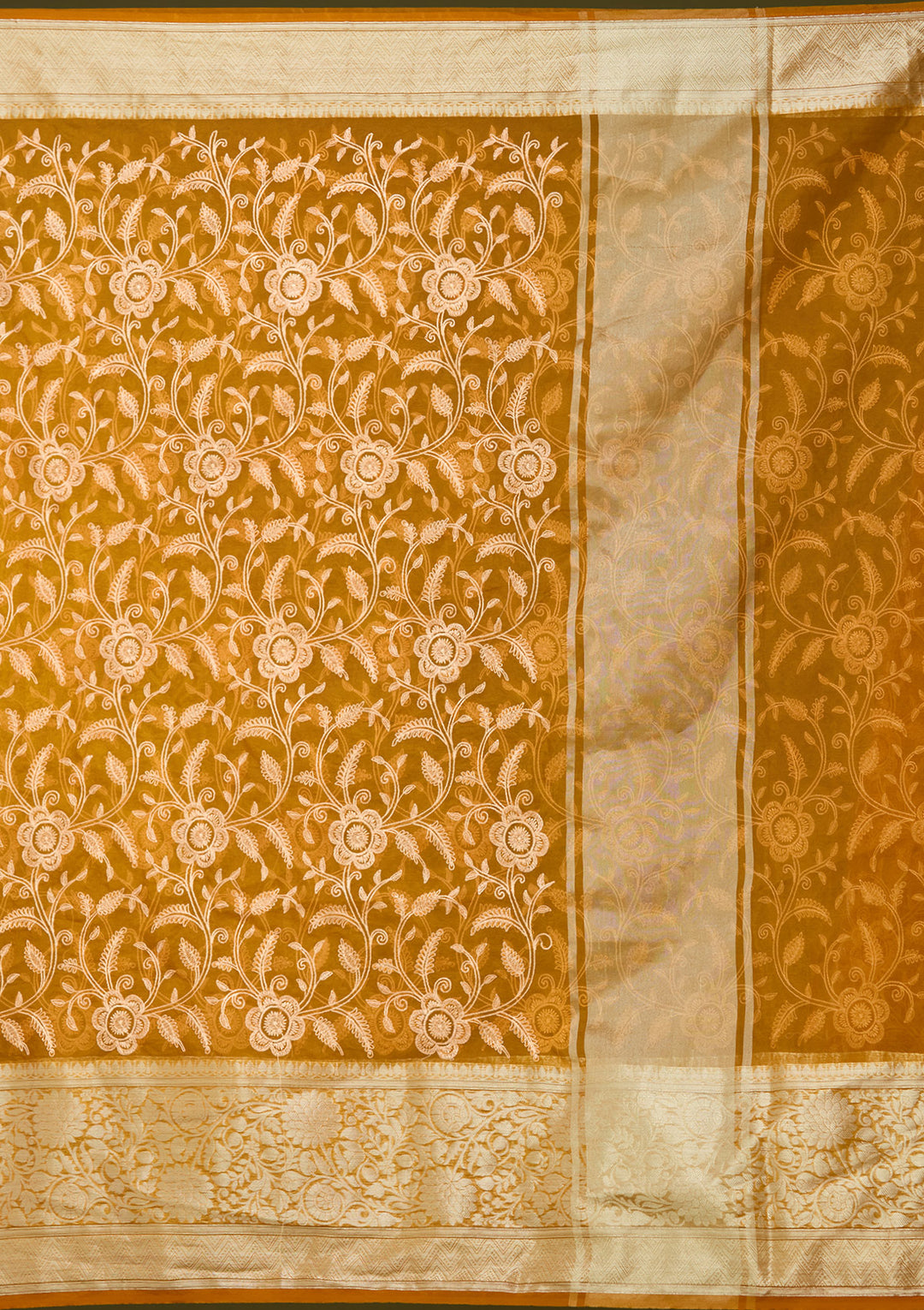 Mustard Tissue Jaal Gold Zariwork Saree With Matching Blouse Piece