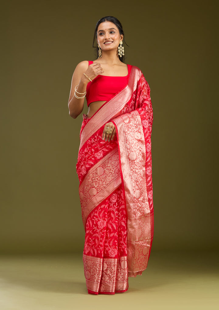 Red Tissue Jaal Gold Zariwork Saree With Matching Blouse Piece