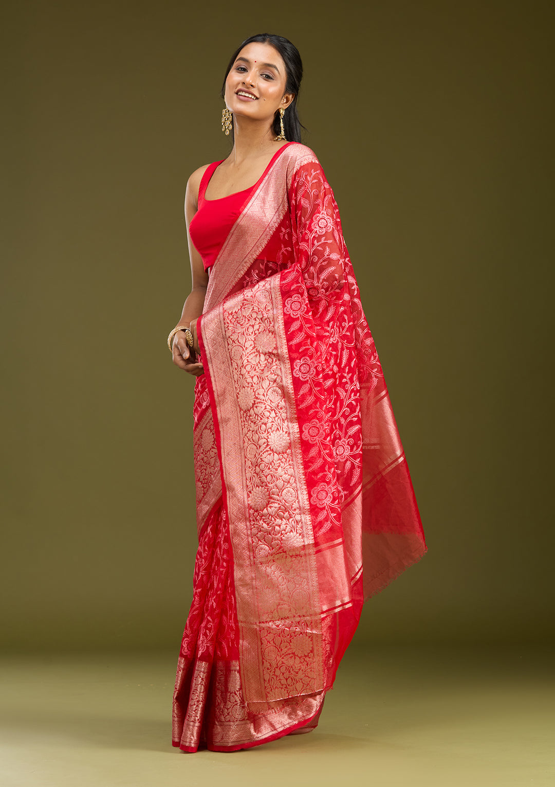 Red Tissue Jaal Gold Zariwork Saree With Matching Blouse Piece