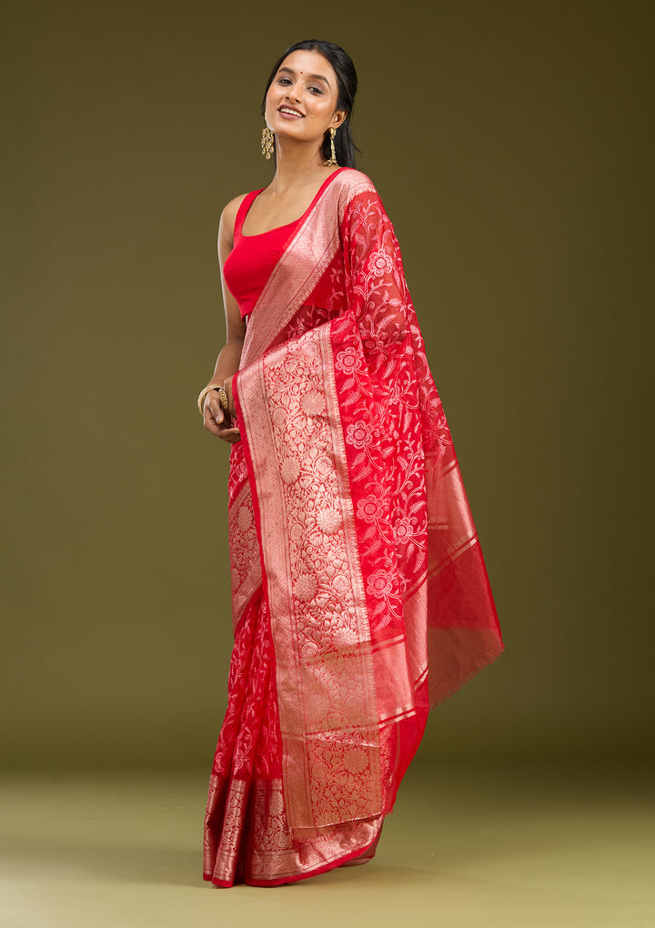 Red Tissue Jaal Gold Zariwork Saree With Matching Blouse Piece