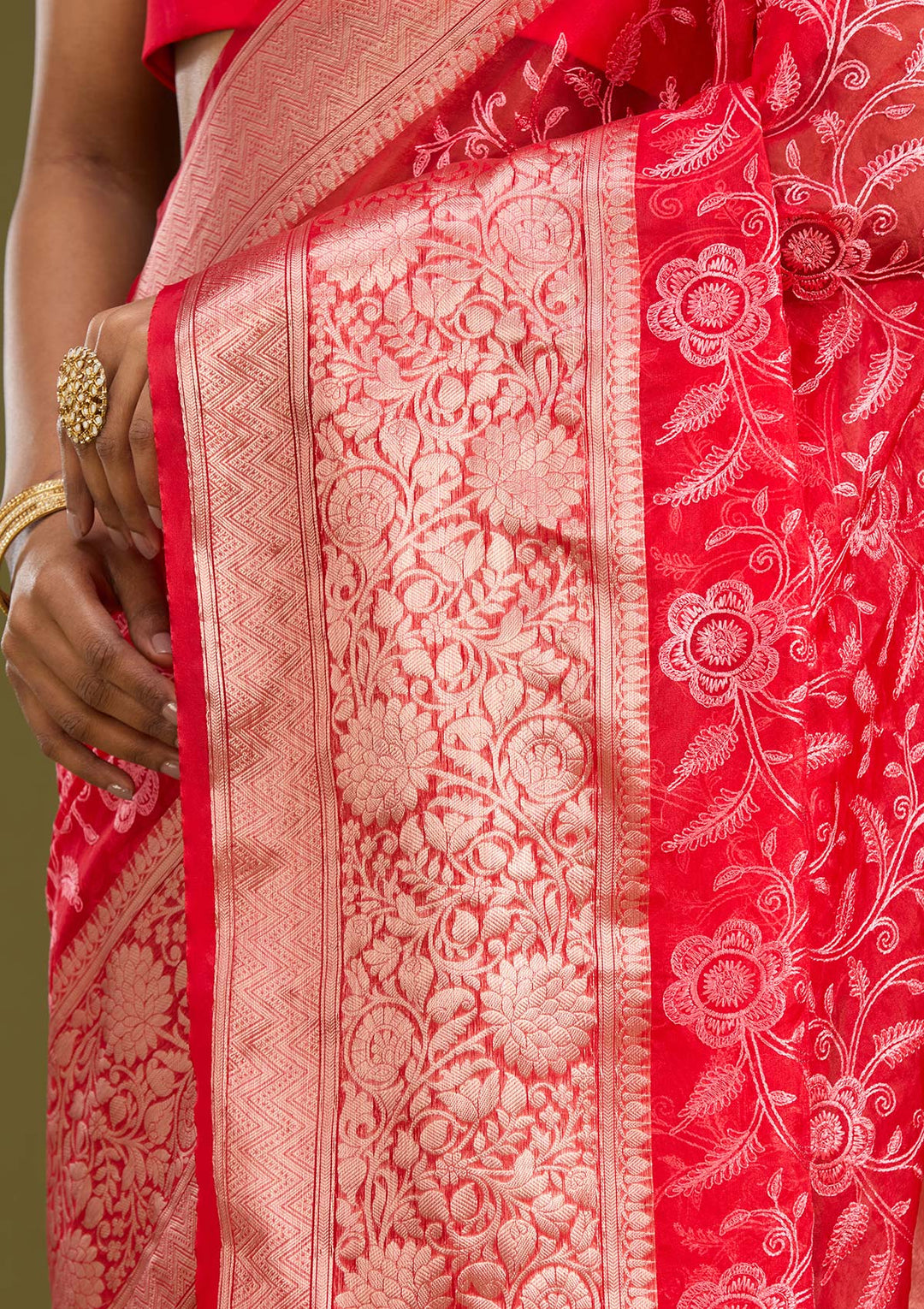 Red Tissue Jaal Gold Zariwork Saree With Matching Blouse Piece