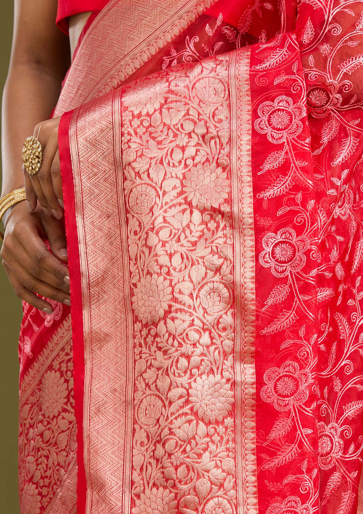 Red Tissue Jaal Gold Zariwork Saree With Matching Blouse Piece