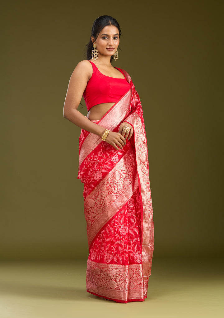 Red Tissue Jaal Gold Zariwork Saree With Matching Blouse Piece