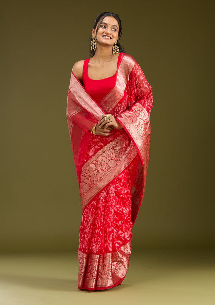 Red Tissue Jaal Gold Zariwork Saree With Matching Blouse Piece