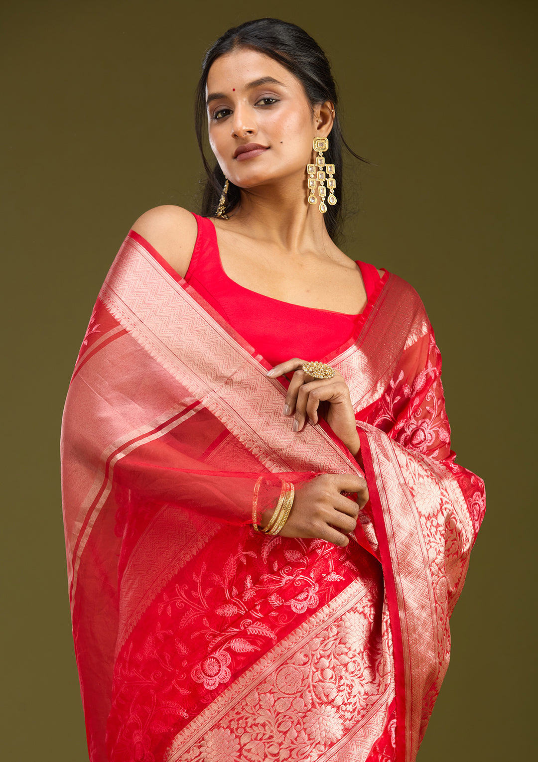 Red Tissue Jaal Gold Zariwork Saree With Matching Blouse Piece