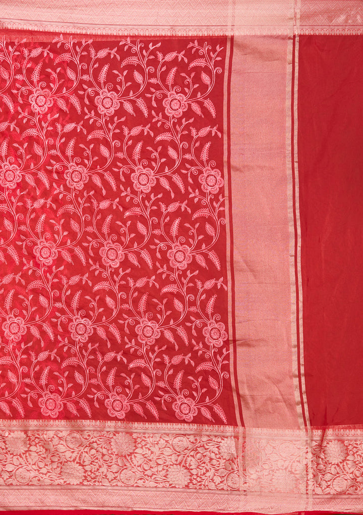 Red Tissue Jaal Gold Zariwork Saree With Matching Blouse Piece