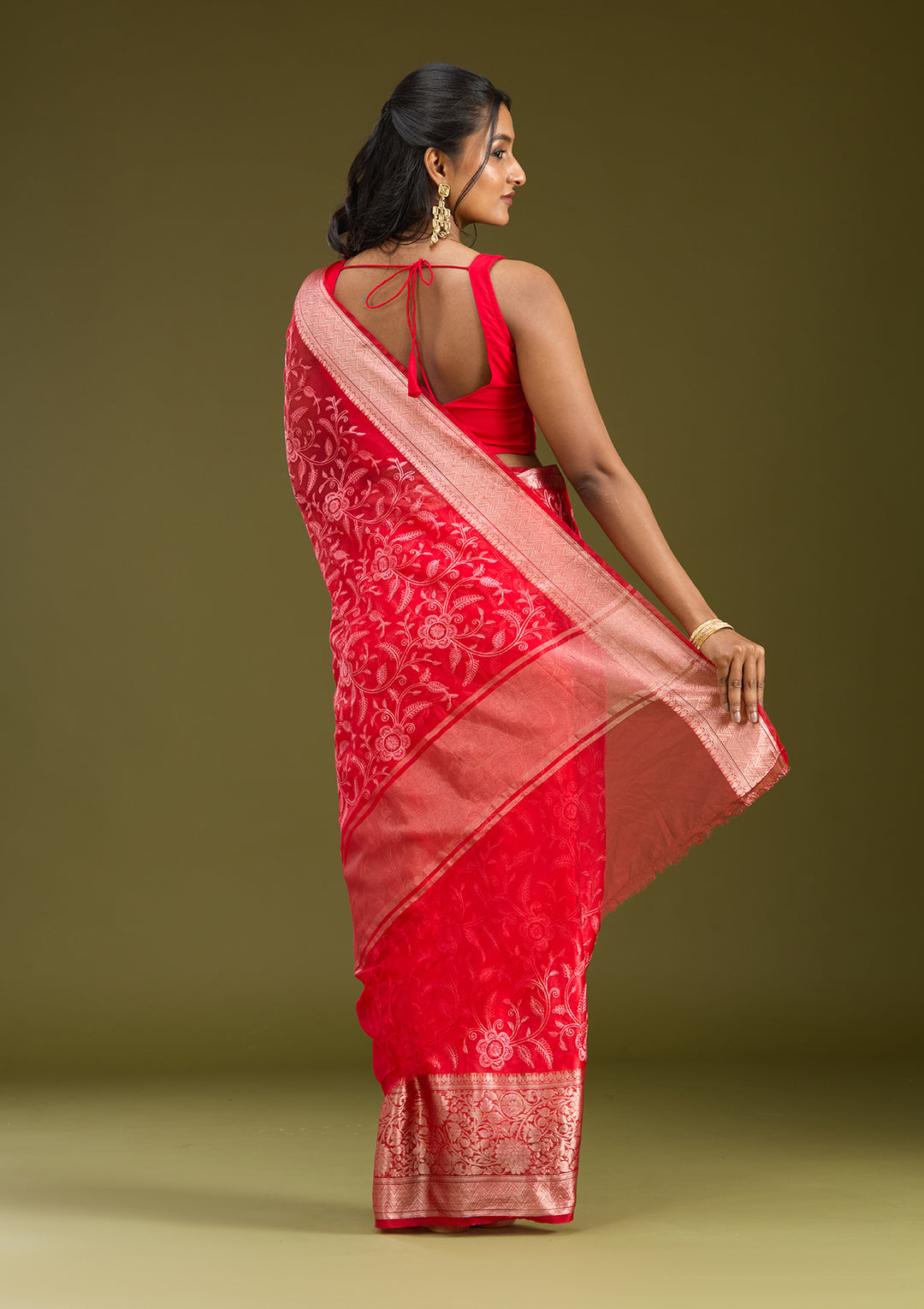 Red Tissue Jaal Gold Zariwork Saree With Matching Blouse Piece