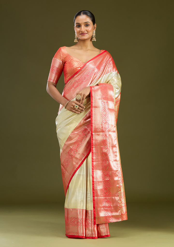 Silver Silk Jaal Gold Zariwork Saree With Matching Blouse Piece