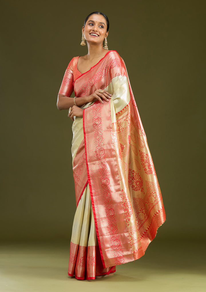 Silver Silk Jaal Gold Zariwork Saree With Matching Blouse Piece