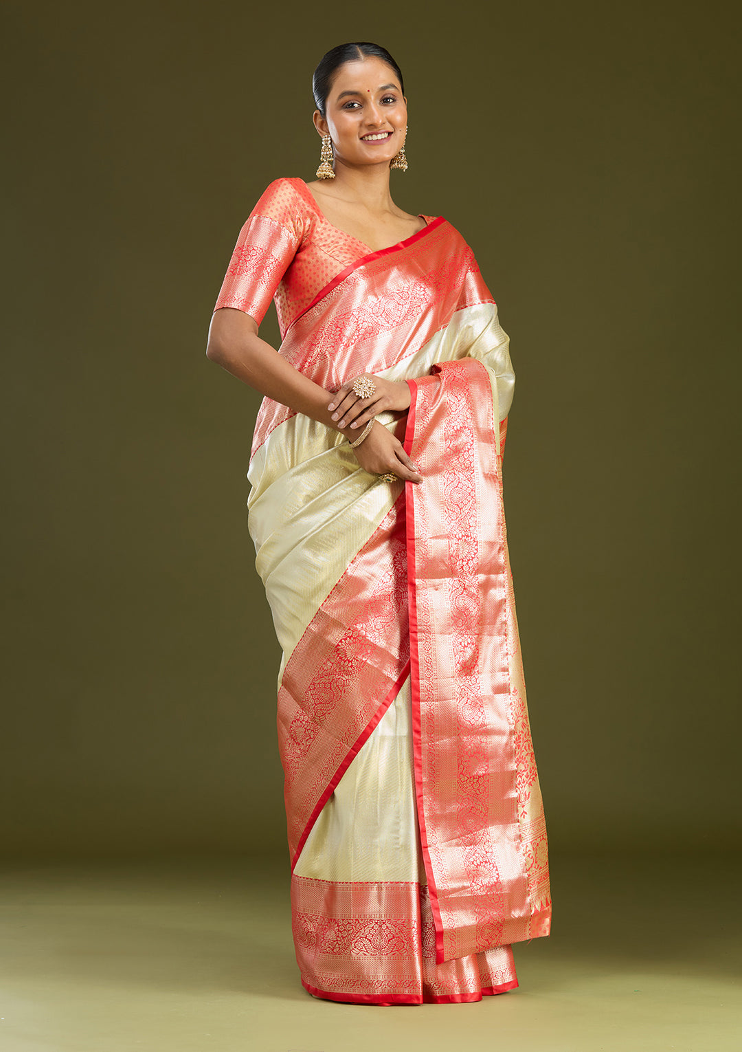 Silver Silk Jaal Gold Zariwork Saree With Matching Blouse Piece