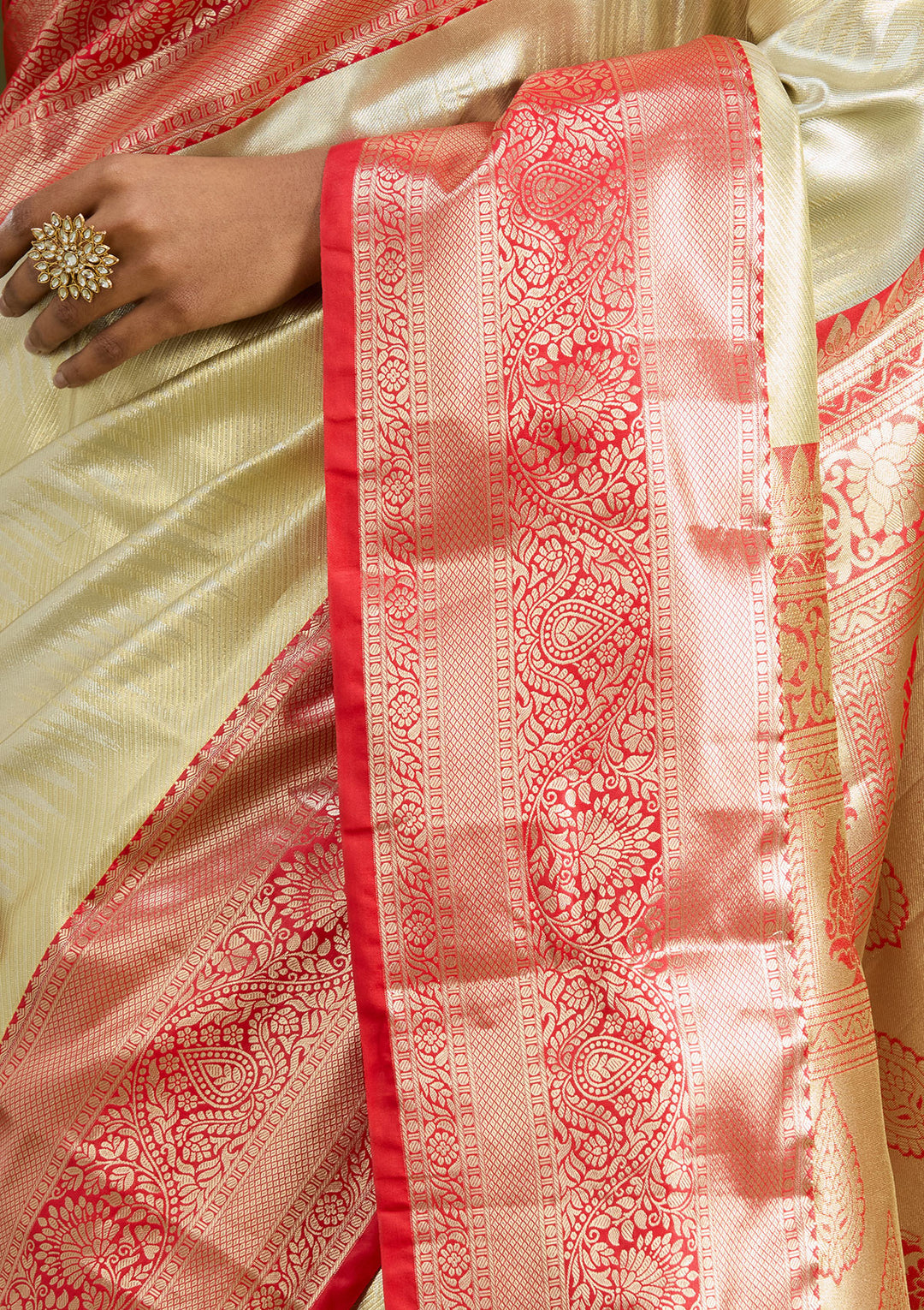 Silver Silk Jaal Gold Zariwork Saree With Matching Blouse Piece