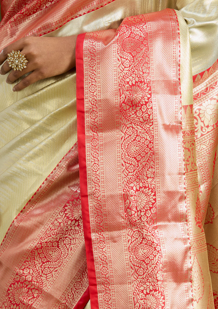 Silver Silk Jaal Gold Zariwork Saree With Matching Blouse Piece