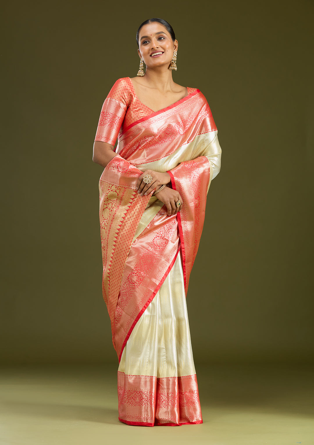 Silver Silk Jaal Gold Zariwork Saree With Matching Blouse Piece
