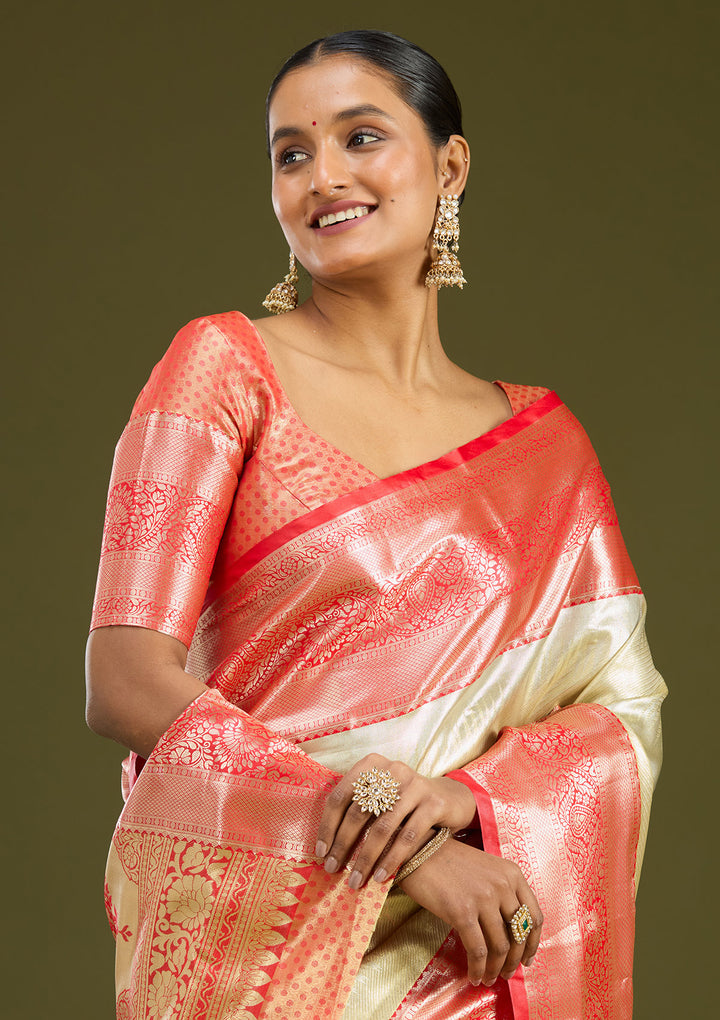 Silver Silk Jaal Gold Zariwork Saree With Matching Blouse Piece