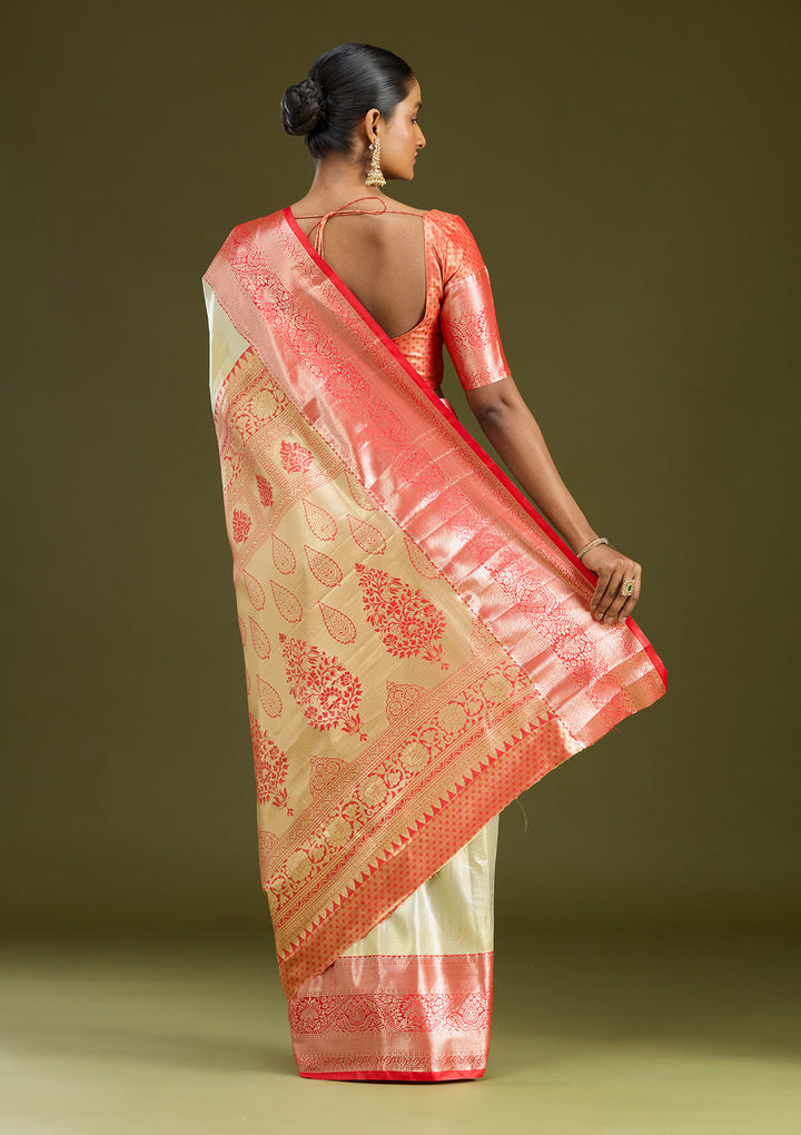 Silver Silk Jaal Gold Zariwork Saree With Matching Blouse Piece