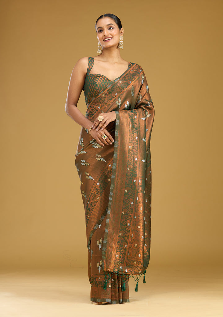Mehendi Silk Buti Gold Zariwork Saree With Matching Blouse Piece