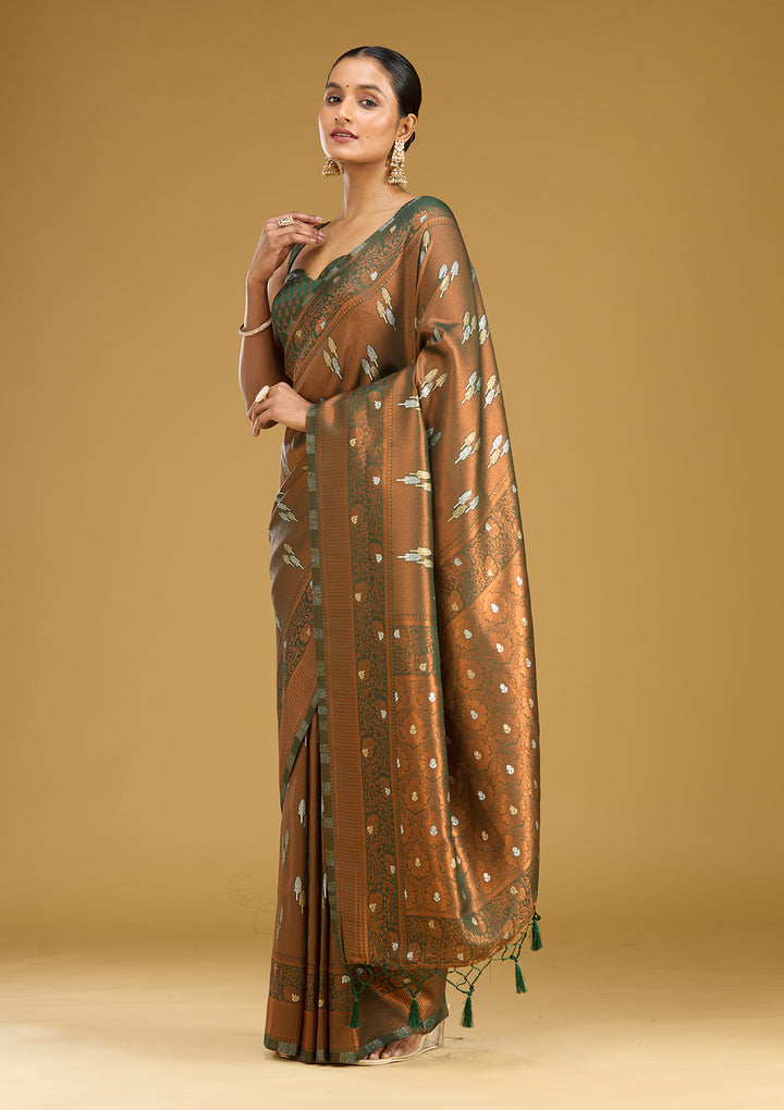 Mehendi Silk Buti Gold Zariwork Saree With Matching Blouse Piece