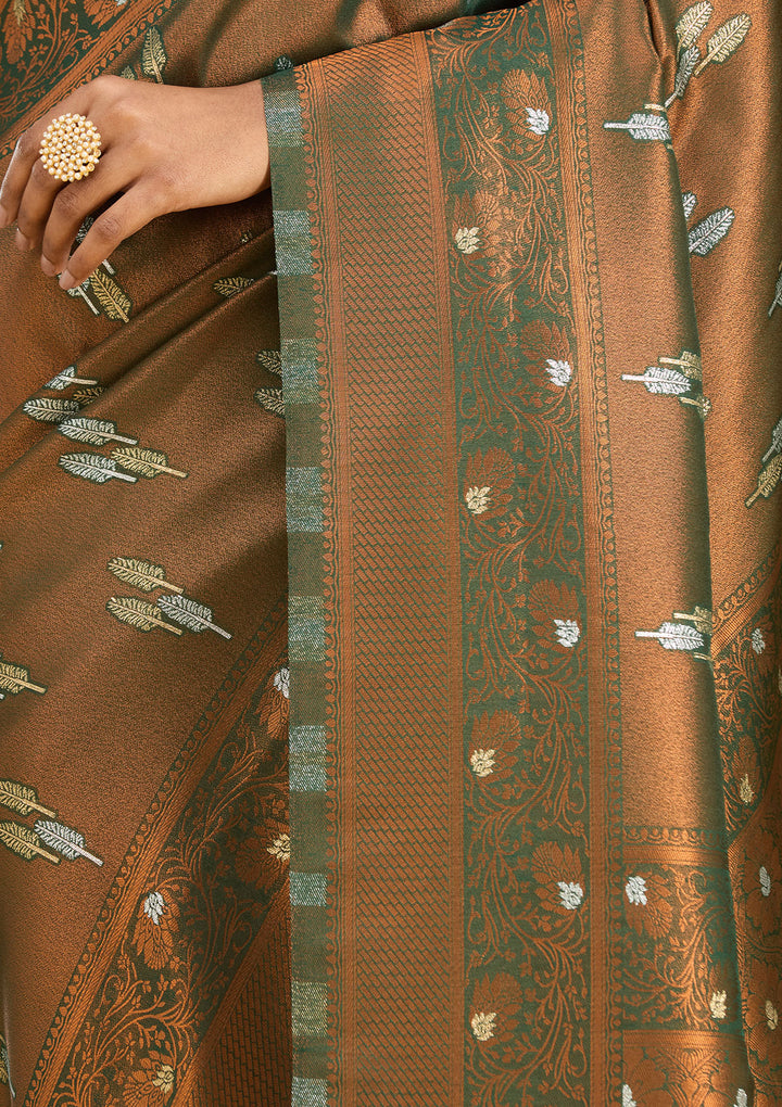 Mehendi Silk Buti Gold Zariwork Saree With Matching Blouse Piece