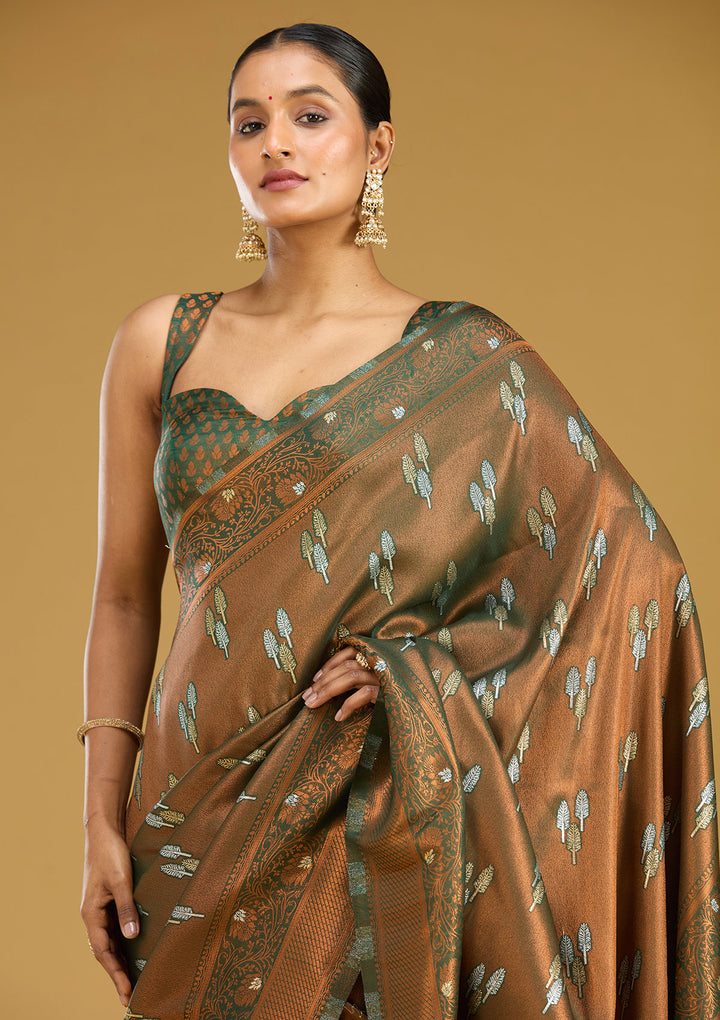Mehendi Silk Buti Gold Zariwork Saree With Matching Blouse Piece