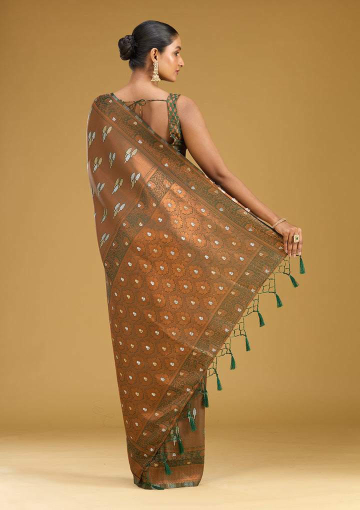 Mehendi Silk Buti Gold Zariwork Saree With Matching Blouse Piece