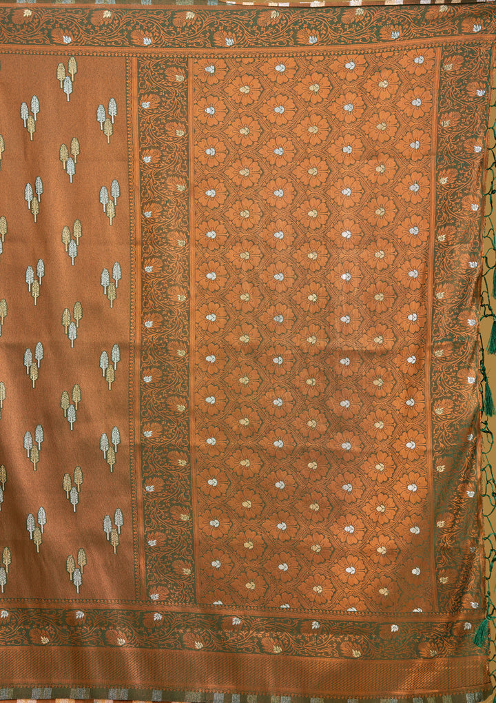 Mehendi Silk Buti Gold Zariwork Saree With Matching Blouse Piece