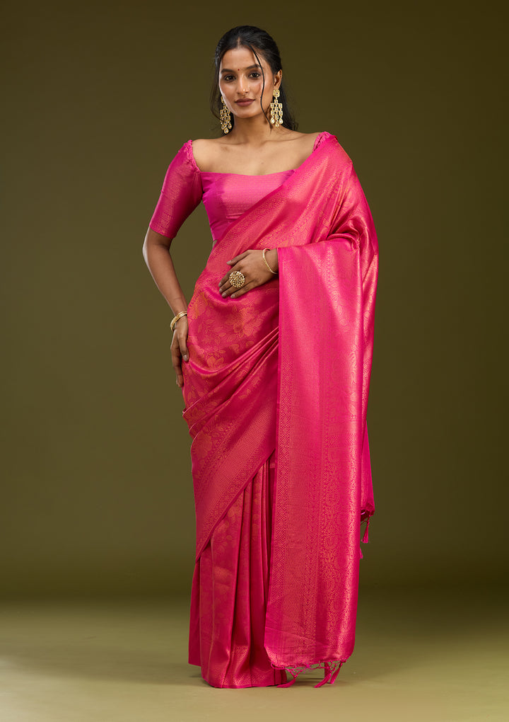 Magenta Pink Silk Jaal Gold Zariwork Saree With Matching Blouse Piece