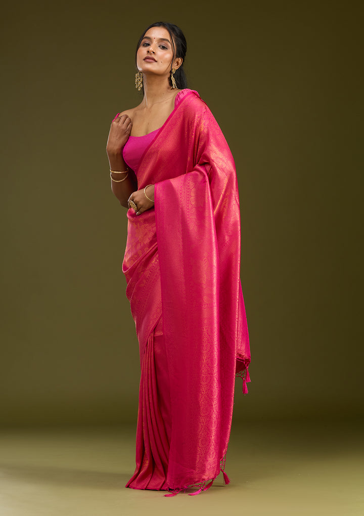 Magenta Pink Silk Jaal Gold Zariwork Saree With Matching Blouse Piece