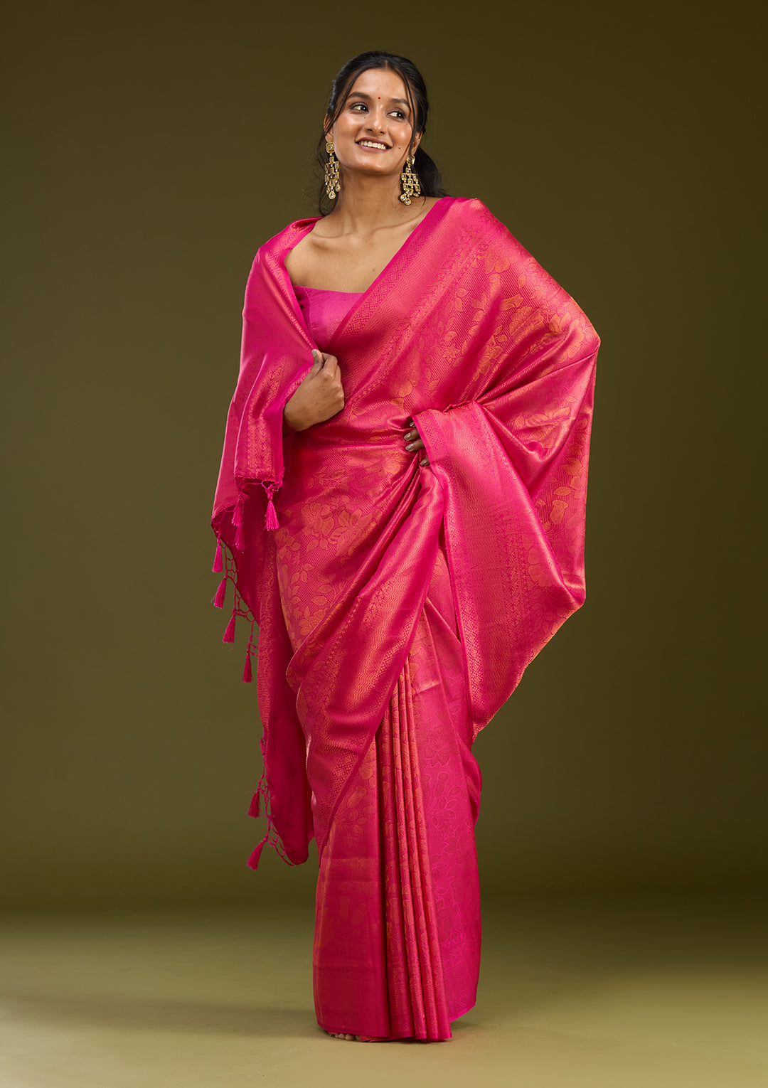 Magenta Pink Silk Jaal Gold Zariwork Saree With Matching Blouse Piece