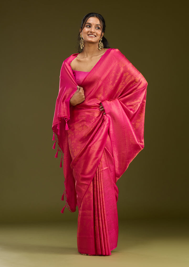 Magenta Pink Silk Jaal Gold Zariwork Saree With Matching Blouse Piece