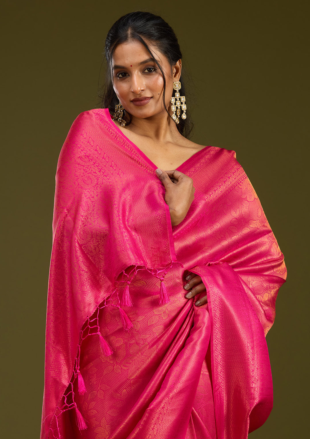 Magenta Pink Silk Jaal Gold Zariwork Saree With Matching Blouse Piece